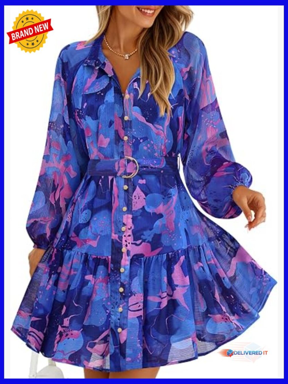 Floral Chiffon Mini Dress Long Sleeve Button A-Line Swing Party Dress - Picture 1 of 7